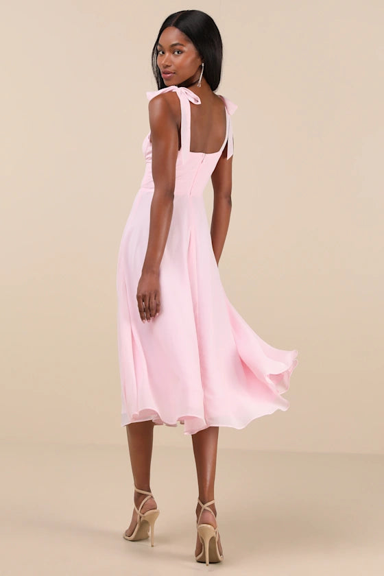 Sophisticated Charisma Light Pink Tie-Strap A-Line Midi Dress