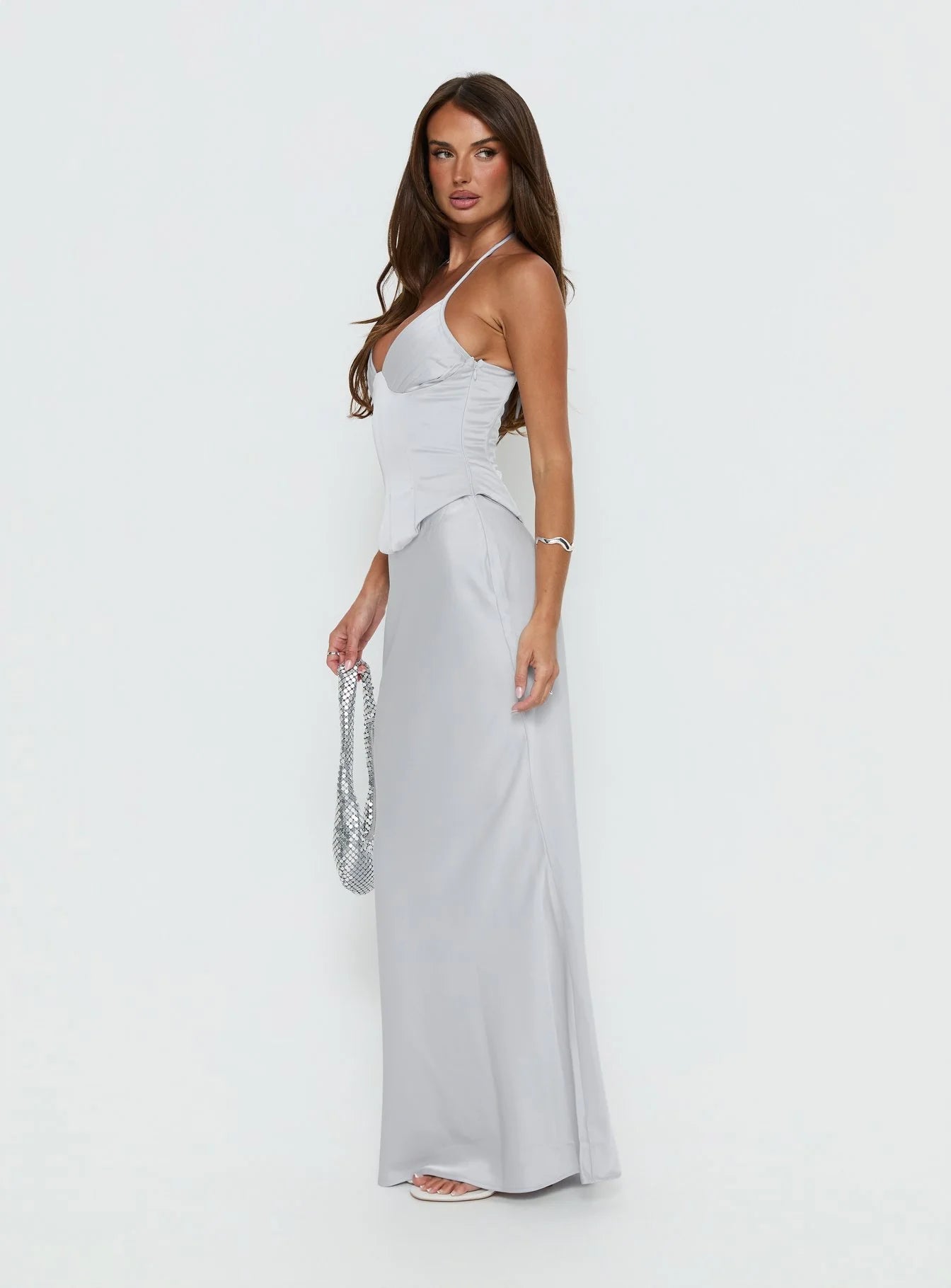 Devotedness Satin Corset Maxi Dress Silver