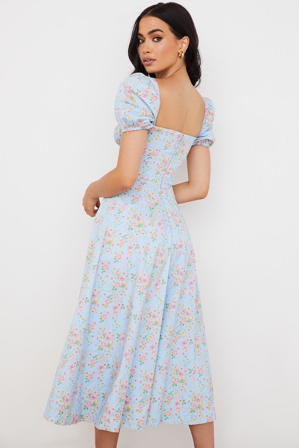 blue vintage floral puff sleeve midi dress