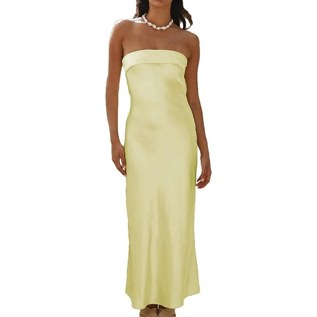 Women's Satin Strapless Backless Maxi Dress