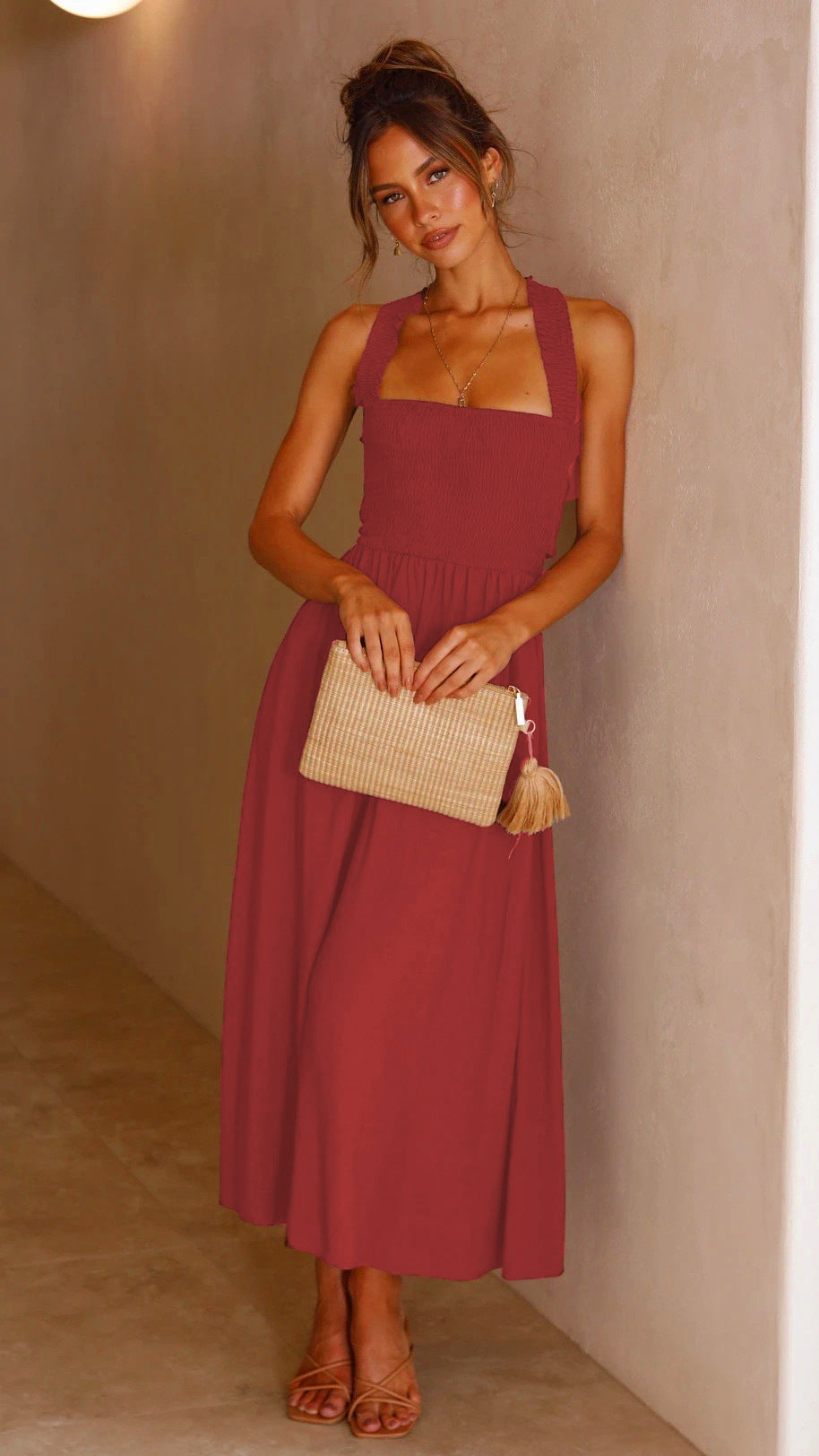 Casual Red Cotton A-Line Midi Dress