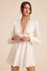 Goldia Ivory Satin Long Sleeve Babydoll Mini Dress