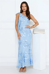 Glossy Girl One Shoulder Mesh Maxi Dress Blue