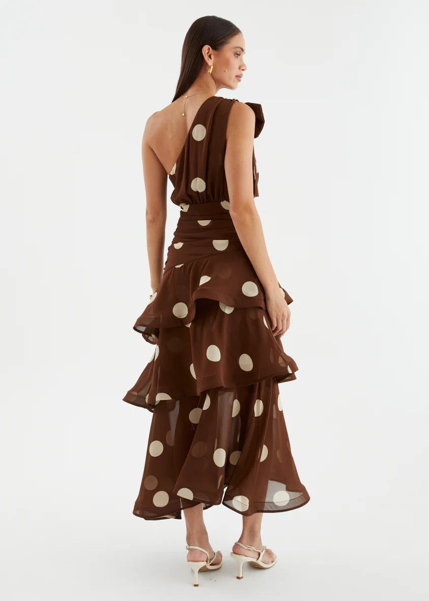 Polka Dot One-Shoulder Ruffle Maxi Dress