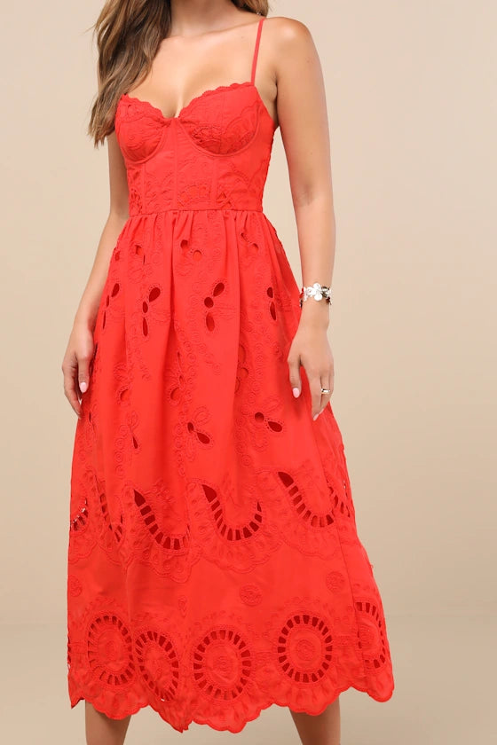 Jenora Bright Red Embroidered Bustier Midi Dress
