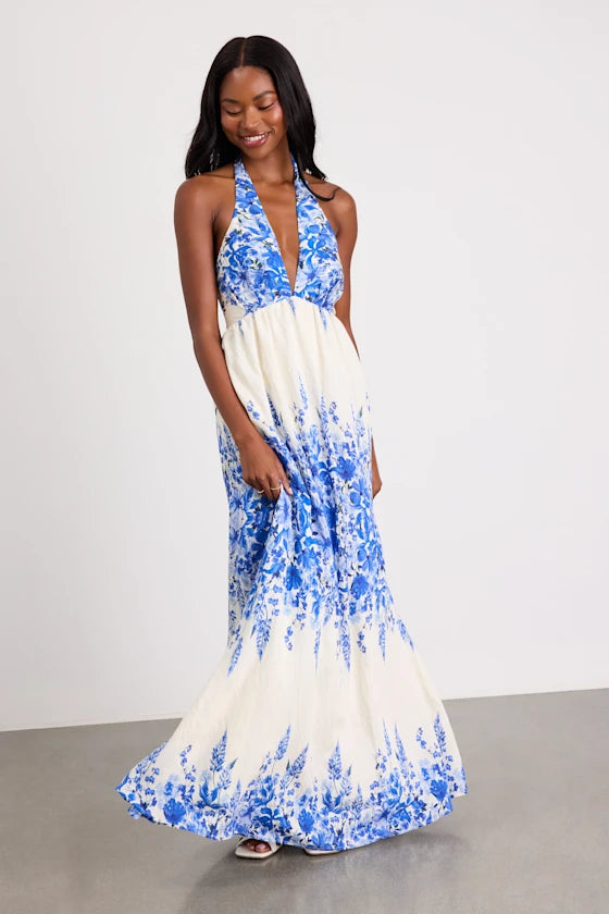 Leona Ivory and Blue Floral Halter Maxi Dress