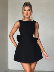 Pearl Bow Slim Backless A-Line Short Dress