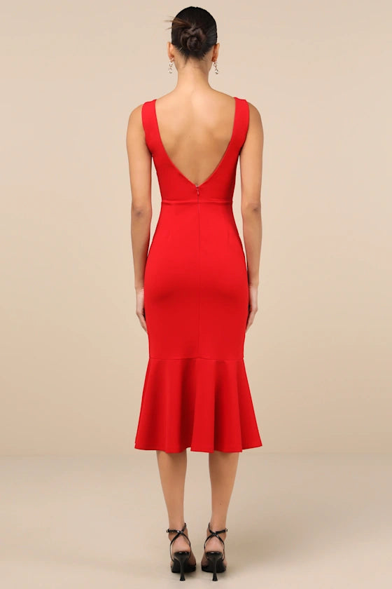 Moment Maker Red Square Neck Trumpet Midi Dress
