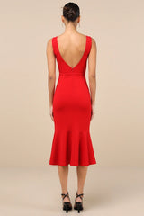 Moment Maker Red Square Neck Trumpet Midi Dress