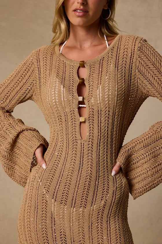 Yates Light Brown Crochet Sequin Maxi Swim Cover-Up