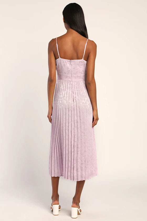 Regal Romance Lavender Floral Jacquard Pleated Satin Midi Dress