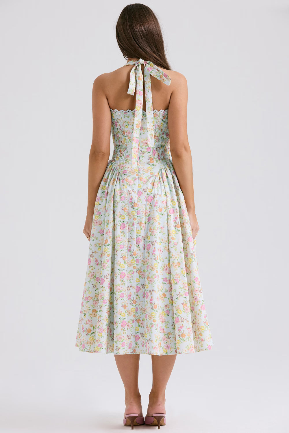 pale blue meadow print cotton halter sundress