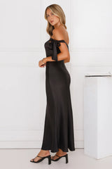 The Hype Off Shoulder Satin Midi Dress Black
