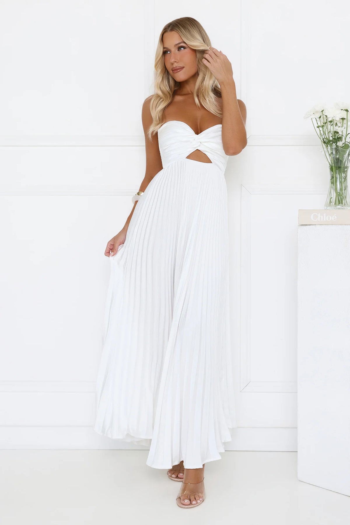 Dance Floor Darling Pleated Strapless Maxi Dress White