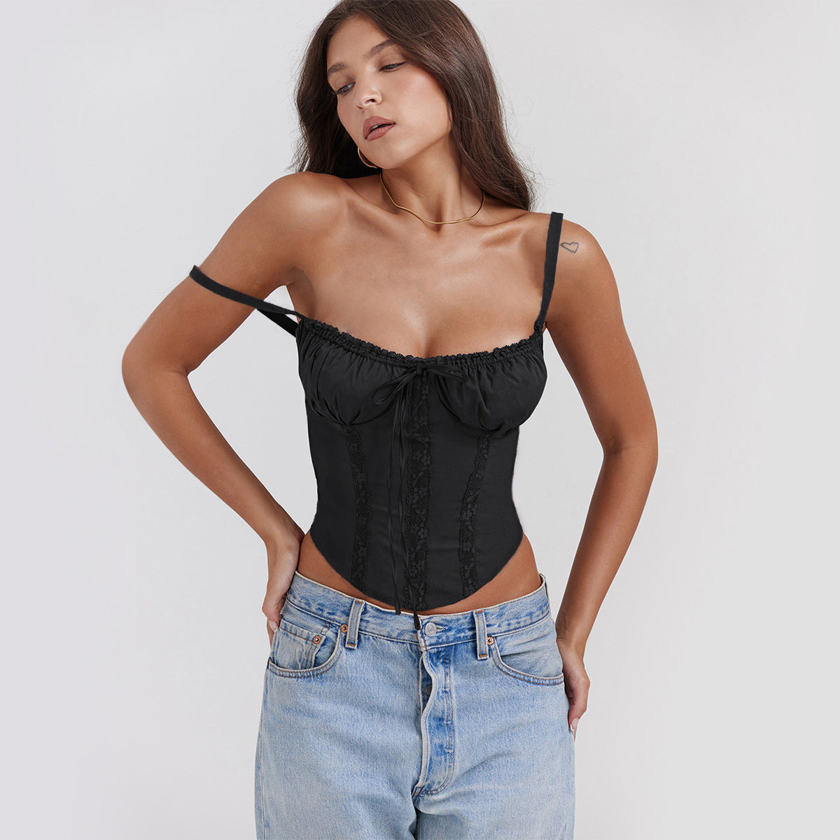 Black Lacework Solid Color Cropped Tanks