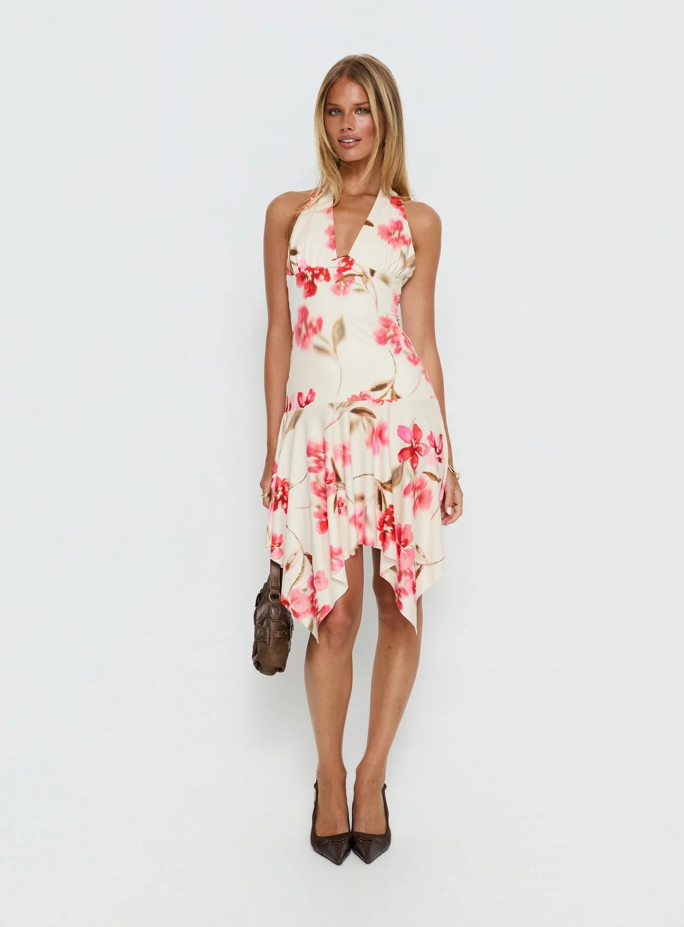 Loreza Halter Asymmetrical Midi Dress Cream Floral