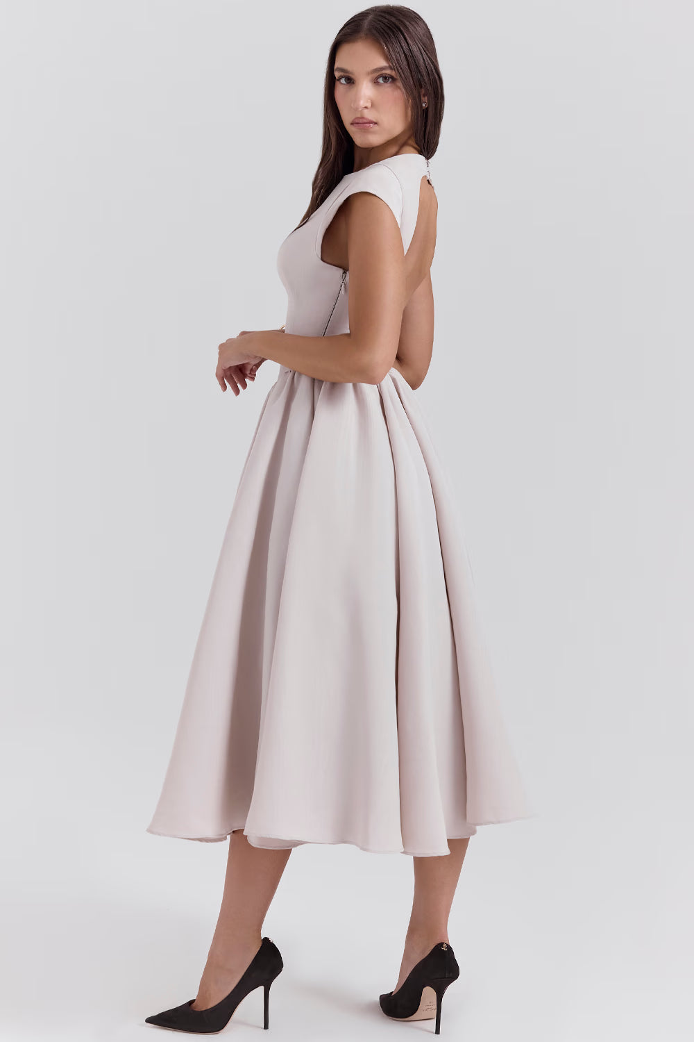 french dove moire satin backless midi dress
