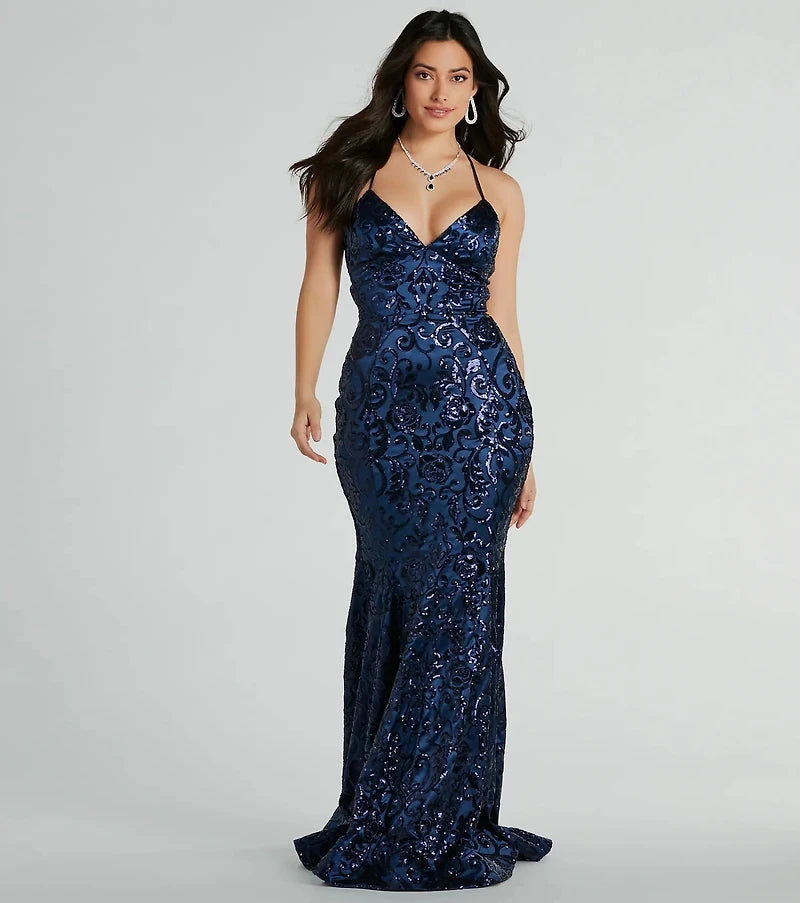 Saskia Lace-Up Mermaid Sequin Satin Formal Dress