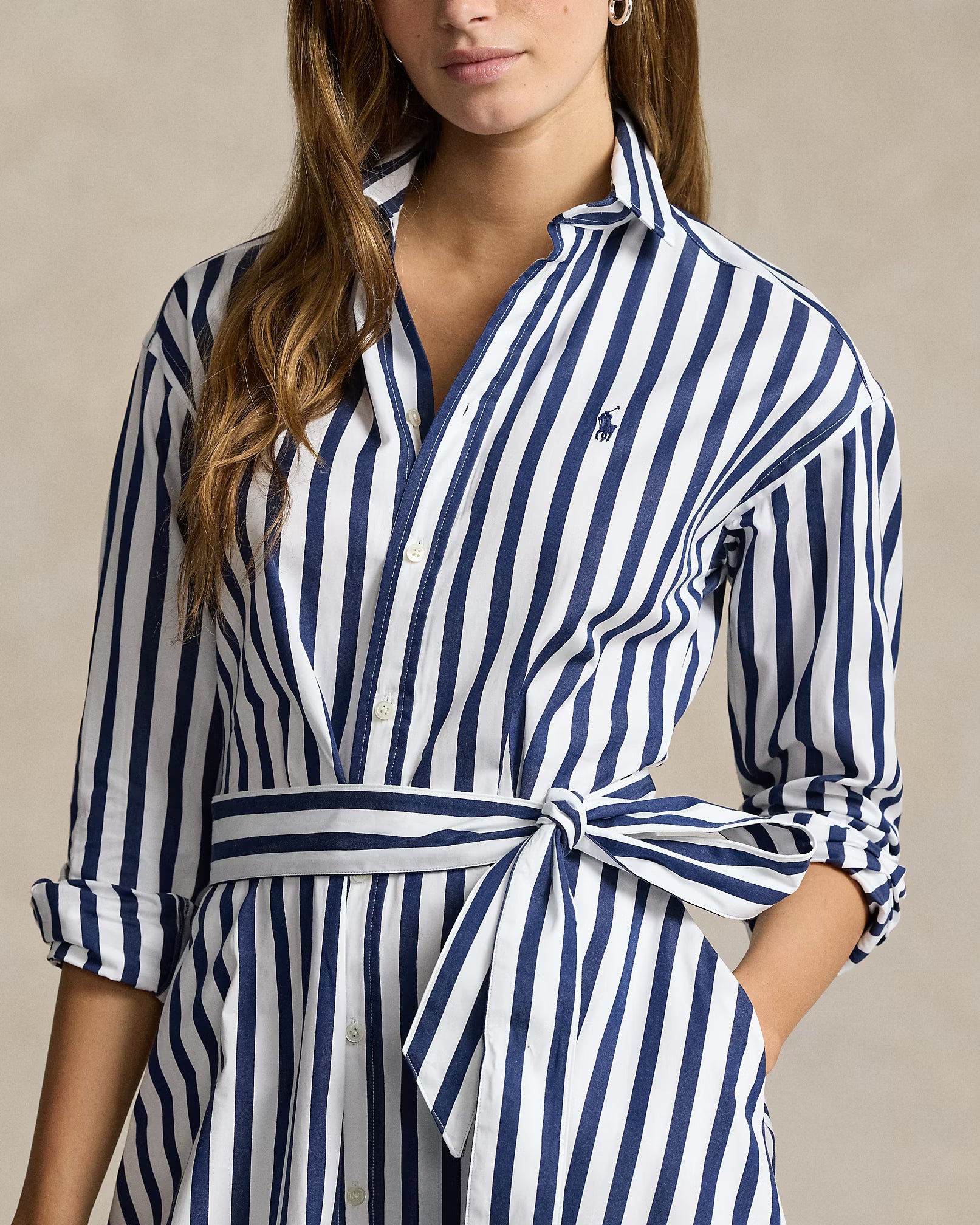Belted Wide-Stripe Cotton Shirtdress