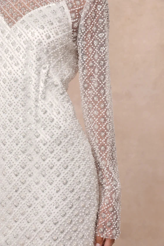 Glowing Charisma White Sequin Pearl Mesh Long Sleeve Mini Dress