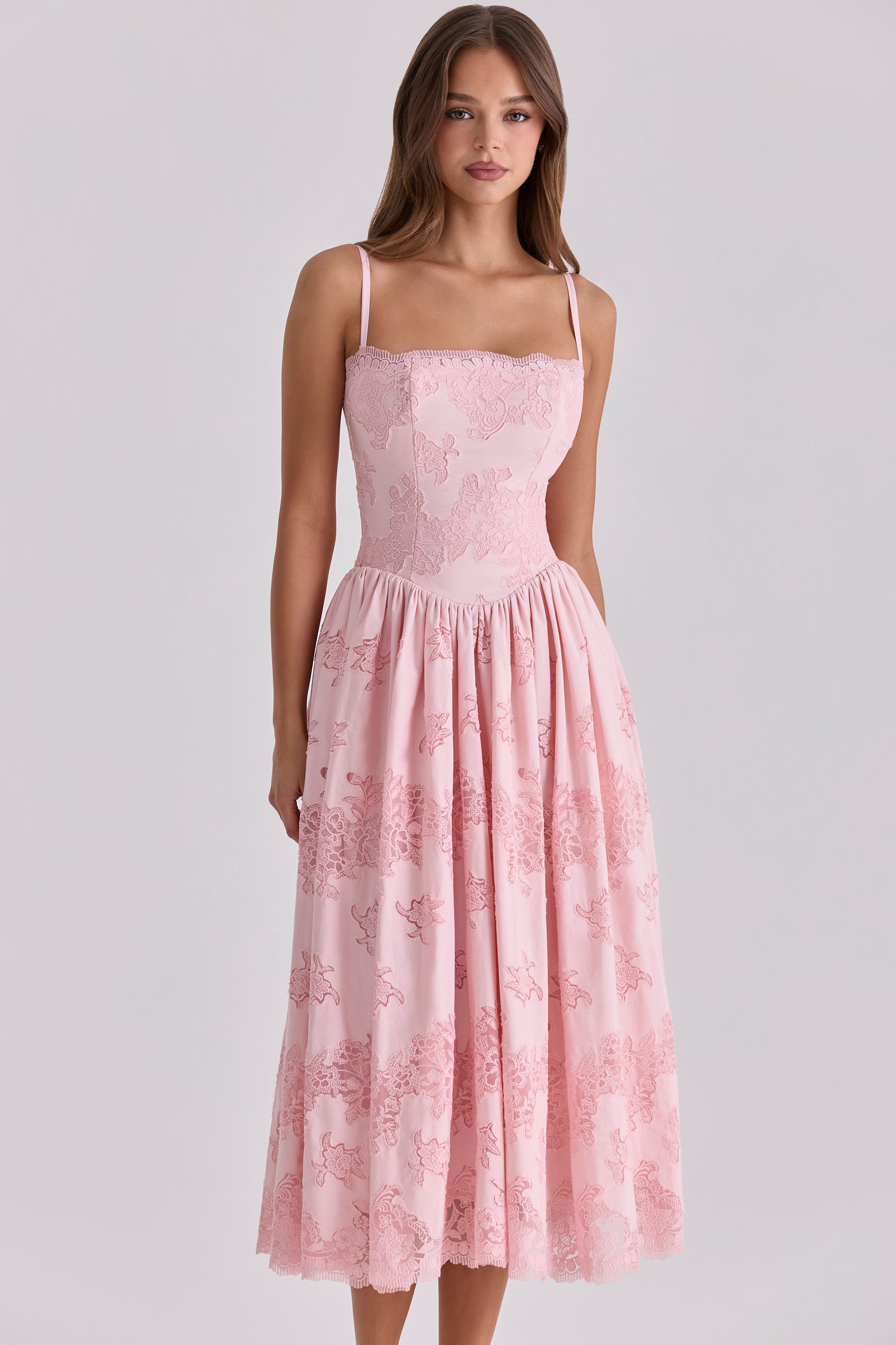 pink cotton broderie anglais lace midi sundress