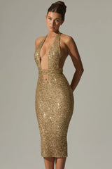 Embellished Cut-Out Open-Back Midaxi Dress in Gold