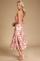 Tea Party Chic Pink Floral Print Tie-Strap Tiered Midi Dress
