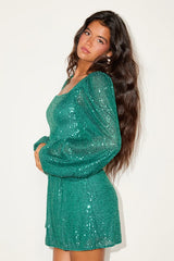 Festive Mood Emerald Sequin Long Sleeve Mini Dress