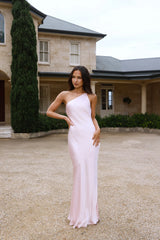 The Evangeline One Shoulder Satin Maxi Dress Pink