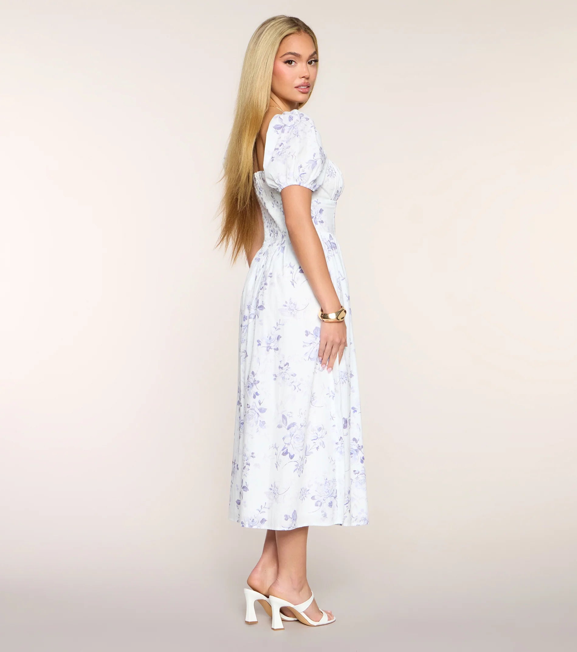Day Date Floral Print Puff Sleeve Midi Dress
