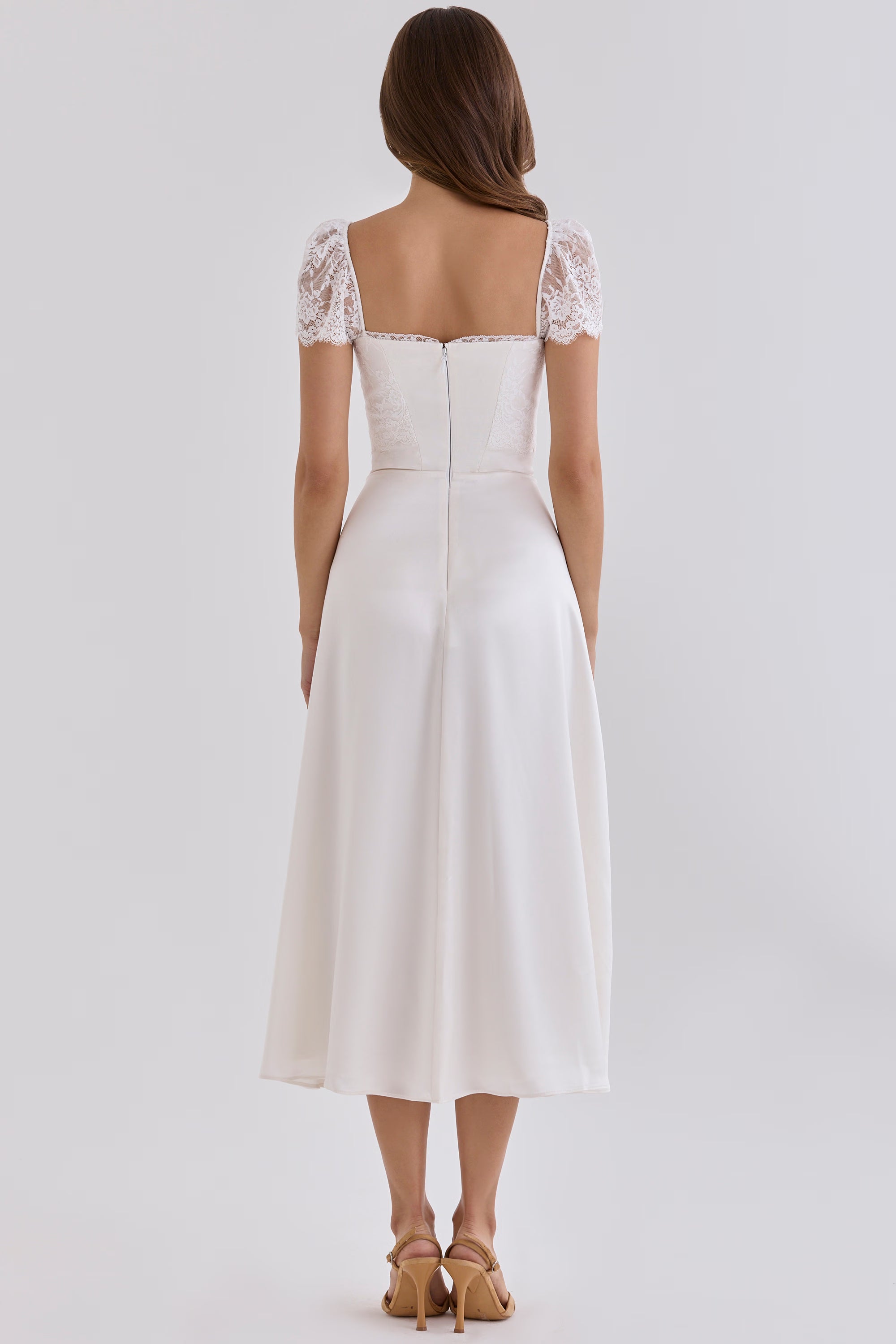 white satin + lace midi dress
