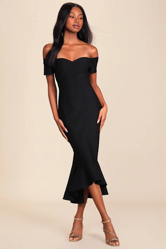 How Much I Care Black Off-the-Shoulder Midi Dress
