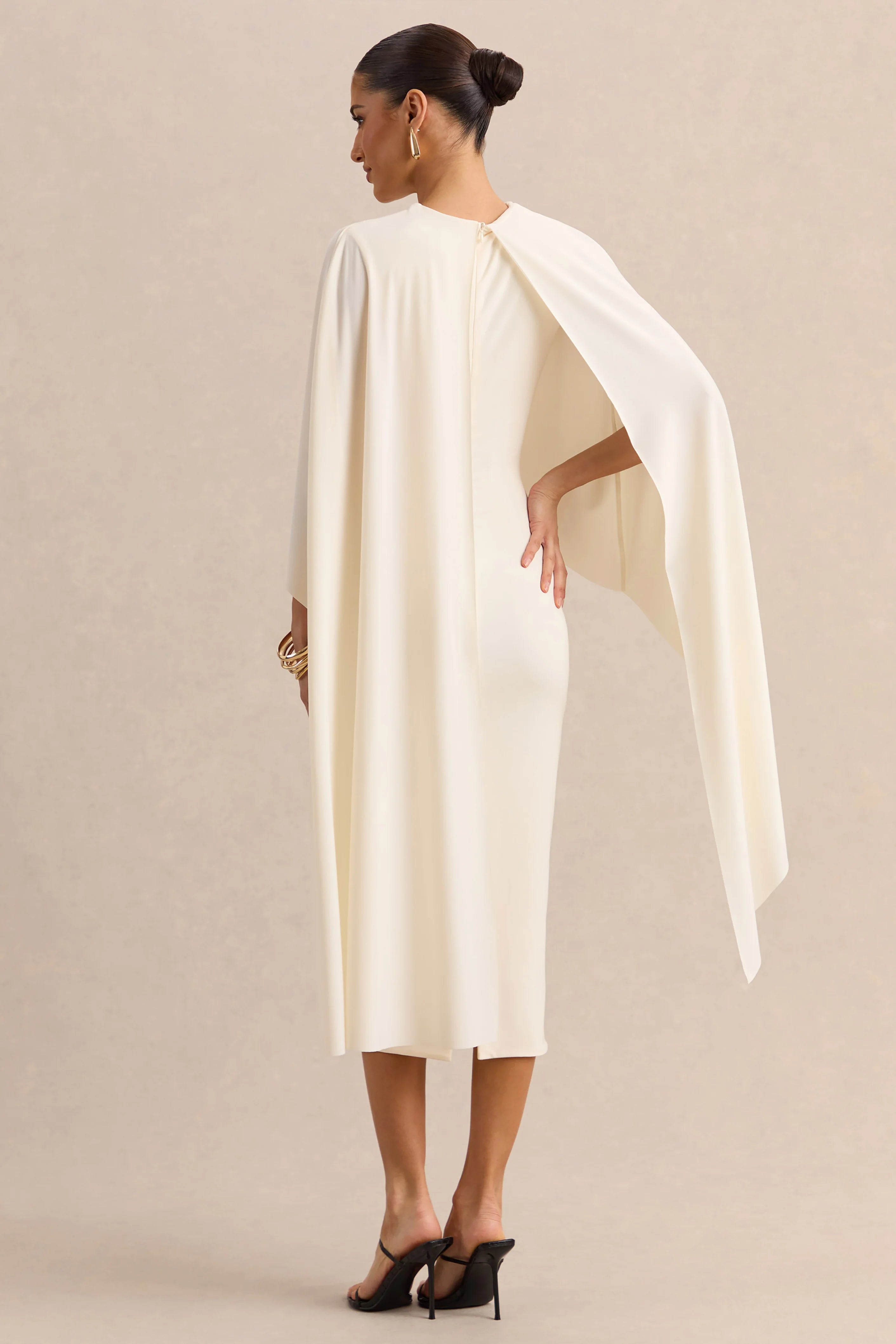 Luxalyn | Cream Round-Neck Midi Dress With Cape-Detail