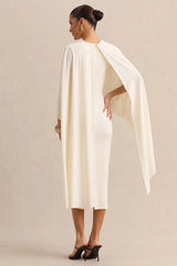 Luxalyn | Cream Round-Neck Midi Dress With Cape-Detail