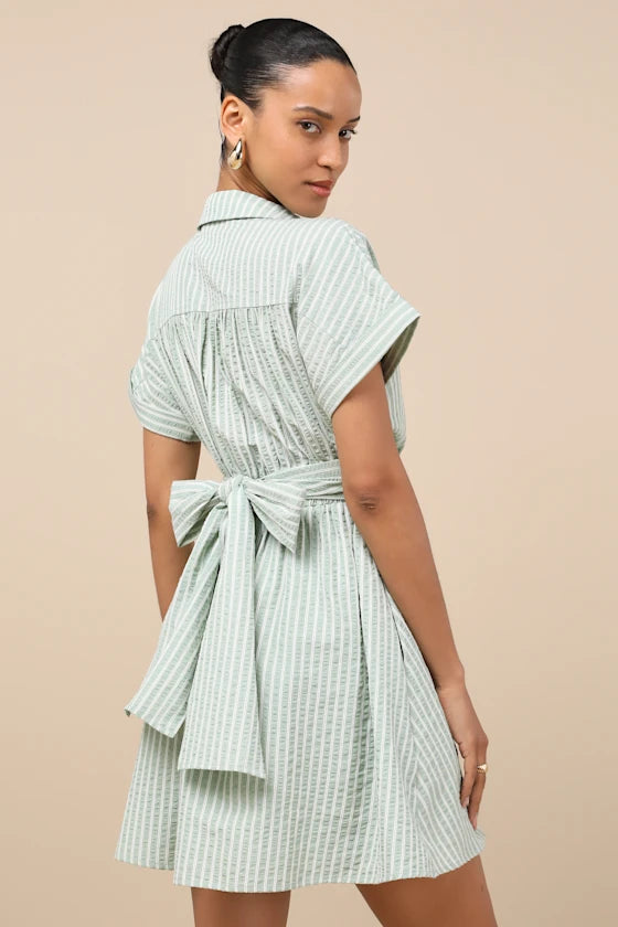 Breeze By Green Striped Tie-Back Mini Dress With Pockets