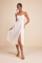 Loveliest Looks White Floral Jacquard Tie-Strap Midi Dress