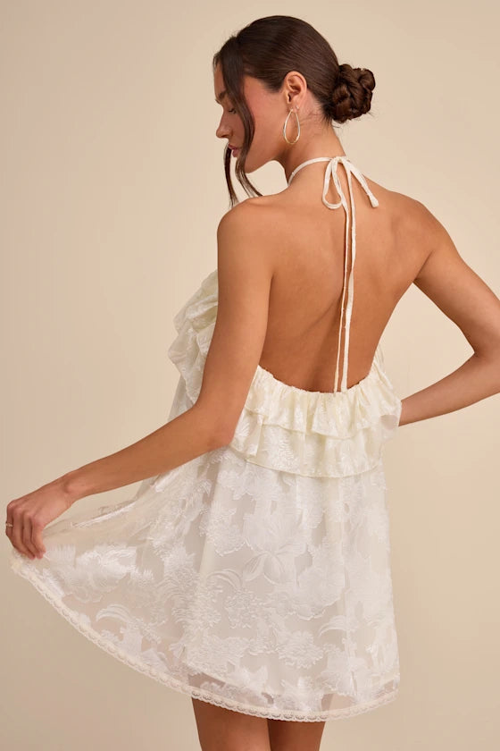 Erika Ivory Floral Burnout Halter Mini Dress