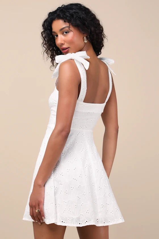 Sneak a Kiss White Floral Embroidered Tie-Strap Mini Dress