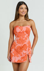 Strapless Dress in Orange Jacquard