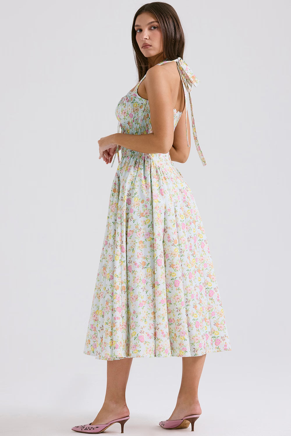 pale blue meadow print cotton halter sundress
