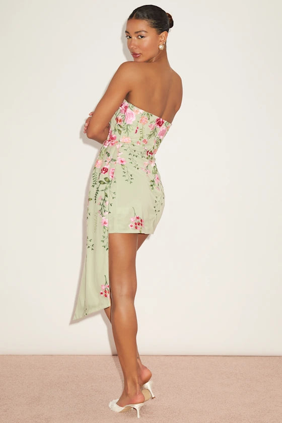 Aritz Sage Green Embroidered Sash Strapless Mini Dress