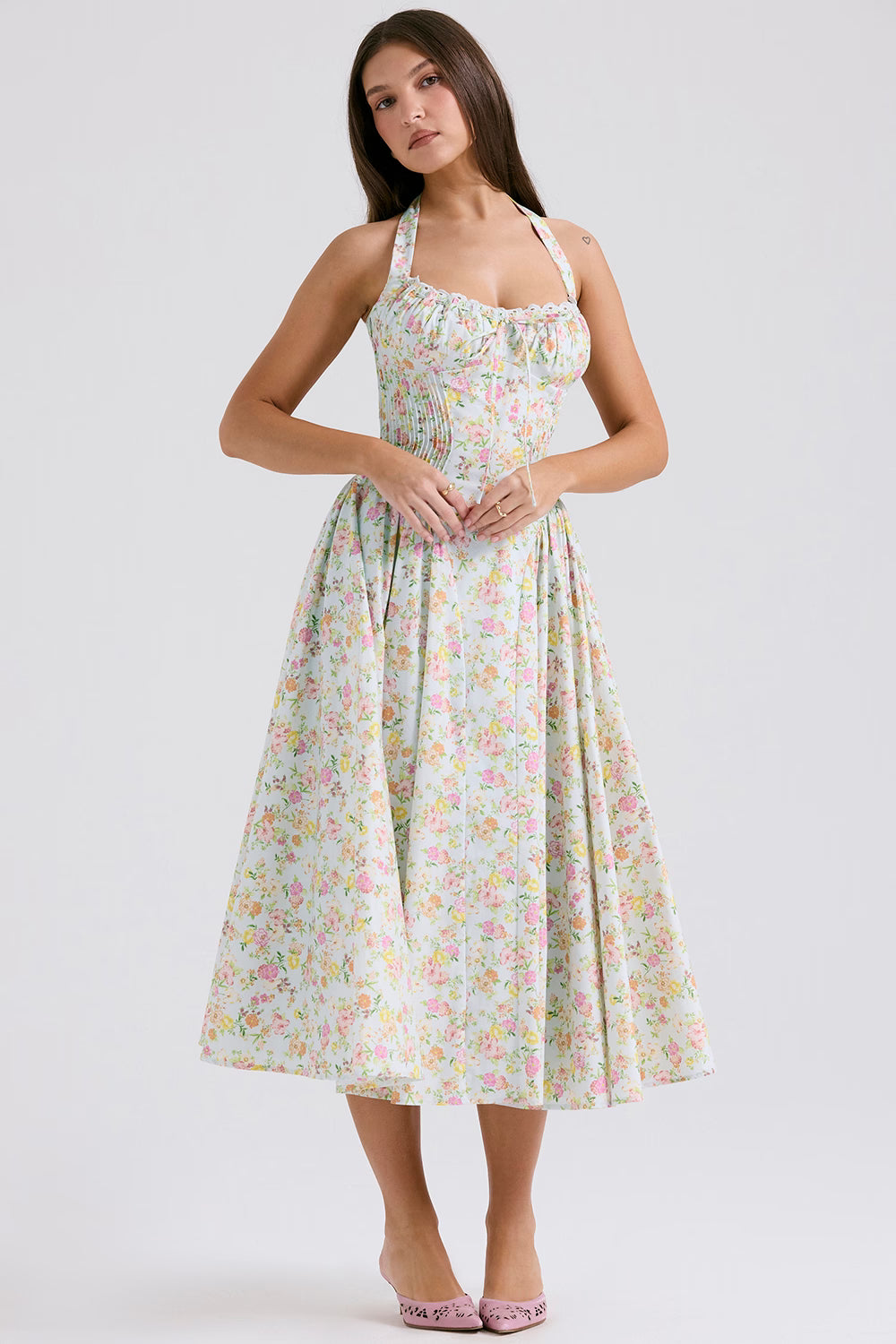 pale blue meadow print cotton halter sundress