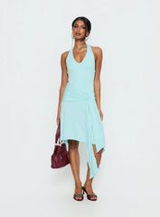 Moonlit Honey Asymmetrical Halter Jersey Midi Dress Turquoise