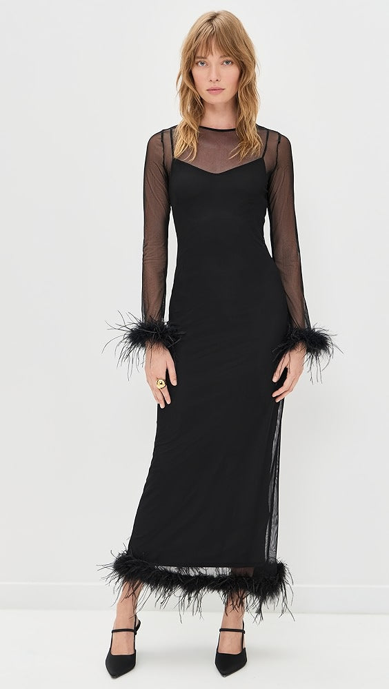 Mesh Feather Trim Dress