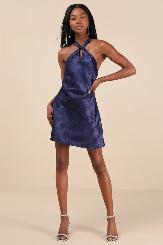 Got the Key Navy Satin Floral Jacquard Halter Mini Dress
