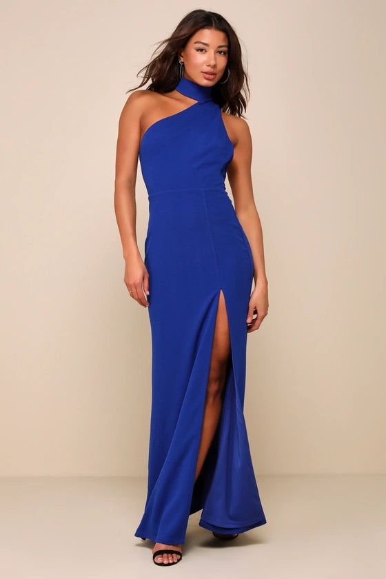 Keep It Interesting Cobalt Asymmetrical Cutout Halter Maxi Dress
