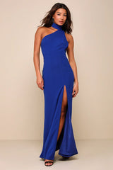 Keep It Interesting Cobalt Asymmetrical Cutout Halter Maxi Dress
