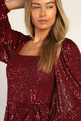 Festive Mood Wine Red Sequin Long Sleeve Mini Dress