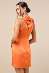 Infinite Admiration Orange Satin Halter Mini Dress