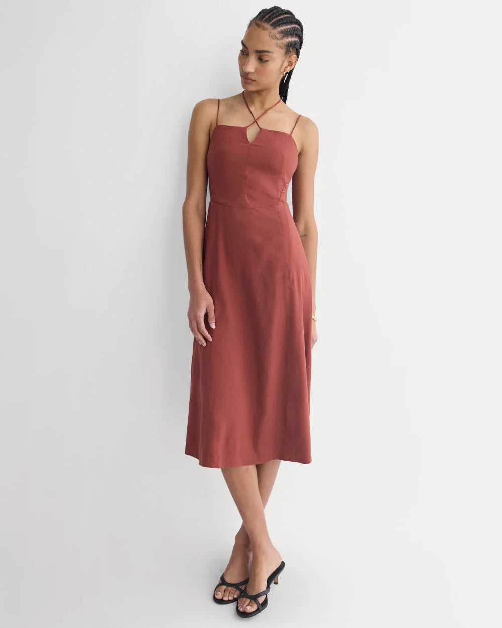 Tie-Neck Dress in Stretch Linen | Henna Red